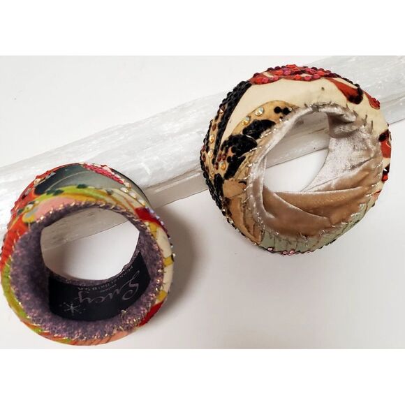 Lucy Notions 2 Wide Handmade VTG Silk Velvet Rhinestone Cuff Bracelets USA Boho - Picture 5 of 10